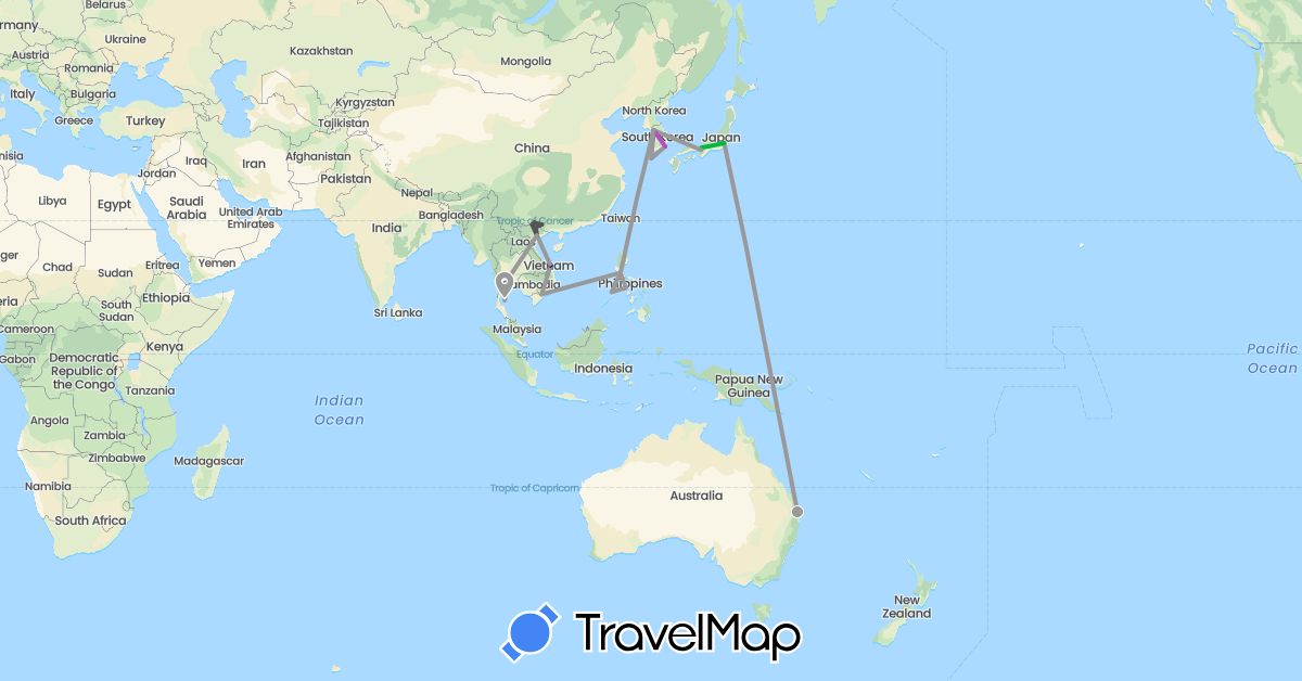 TravelMap itinerary: driving, bus, plane, train, boat, motorbike in Australia, Japan, South Korea, Philippines, Thailand, Vietnam (Asia, Oceania)